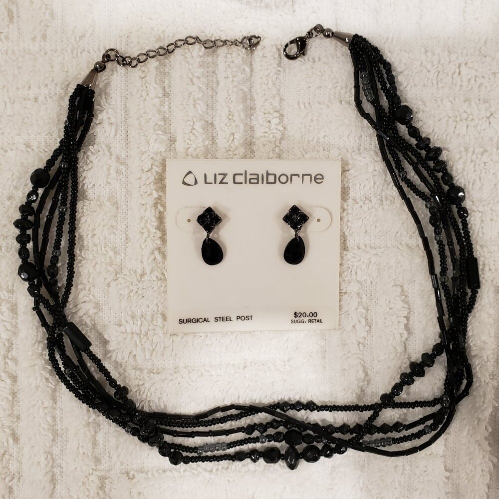 VTG Liz Claiborne Black Multistrand Beaded Necklace & Earring Set